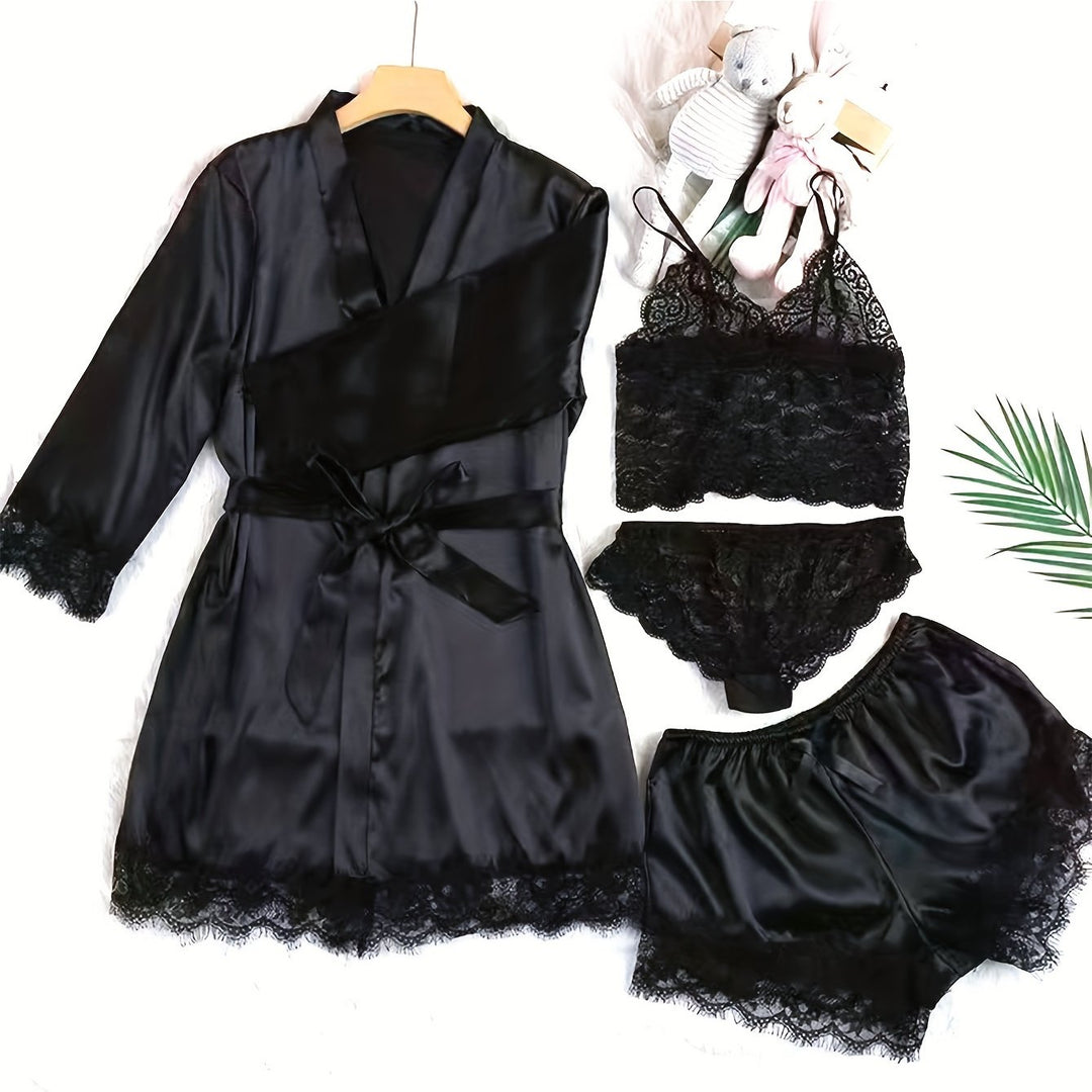 Aurora – Satin Lace Lounge Set with Kimono & Shorts