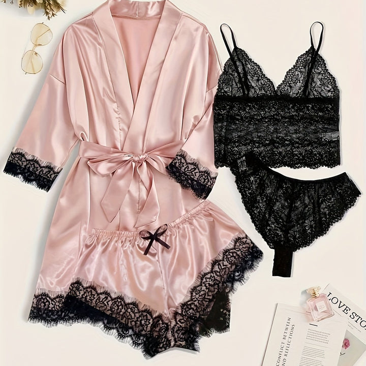 Aurora – Satin Lace Lounge Set with Kimono & Shorts