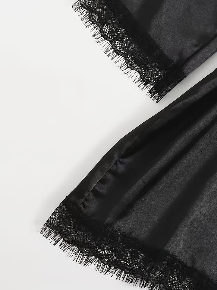 Aurora – Satin Lace Lounge Set with Kimono & Shorts