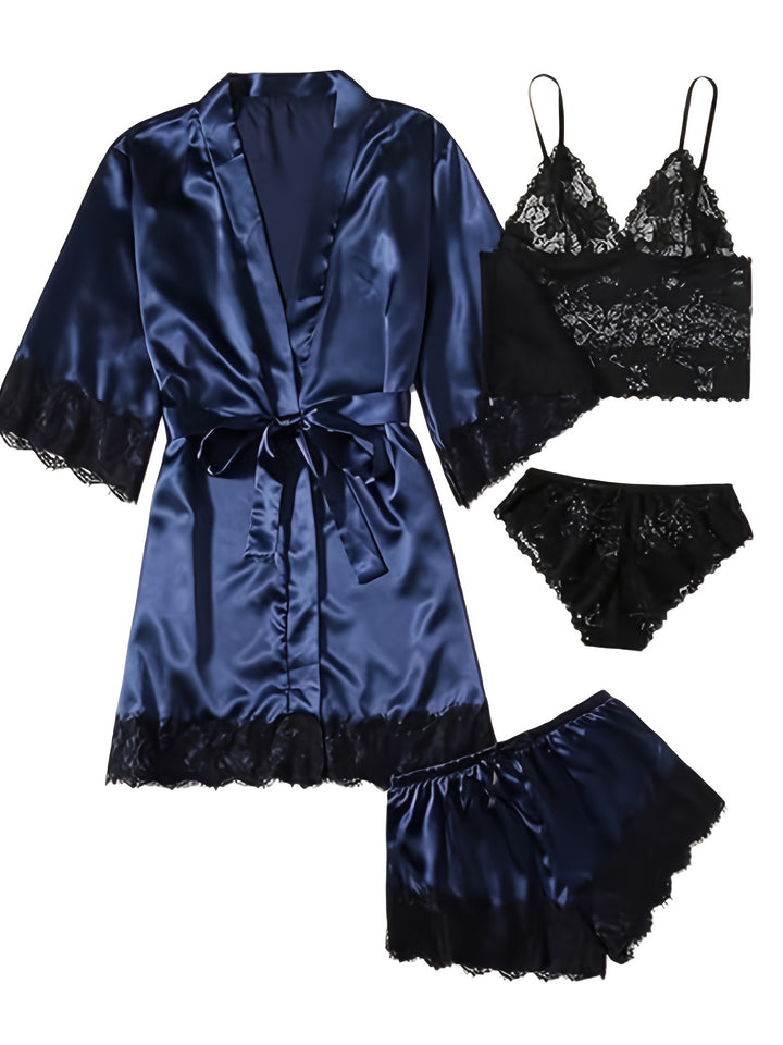 Aurora – Satin Lace Lounge Set with Kimono & Shorts