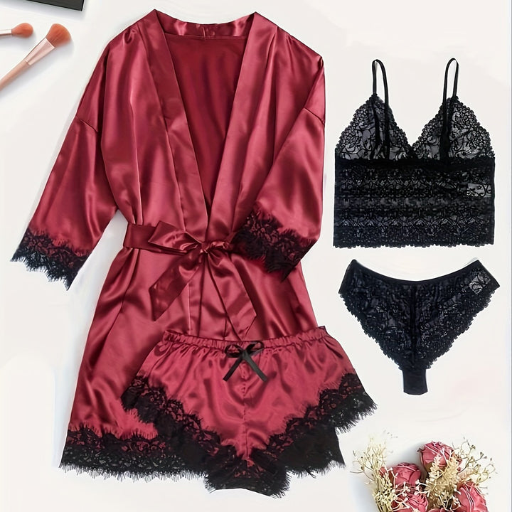 Aurora – Satin Lace Lounge Set with Kimono & Shorts
