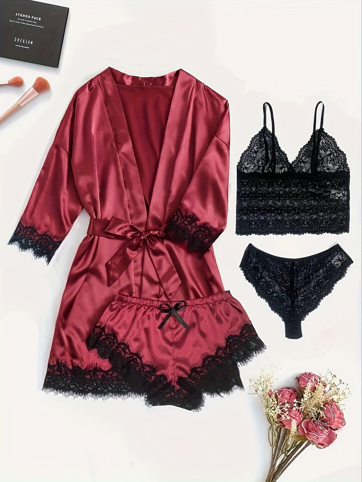 Aurora – Satin Lace Lounge Set with Kimono & Shorts