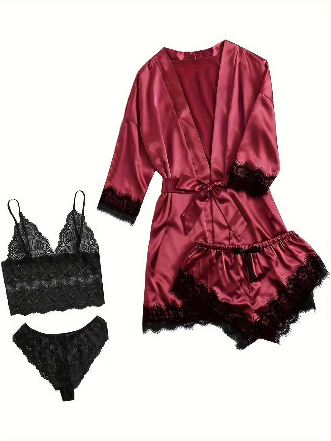 Aurora – Satin Lace Lounge Set with Kimono & Shorts