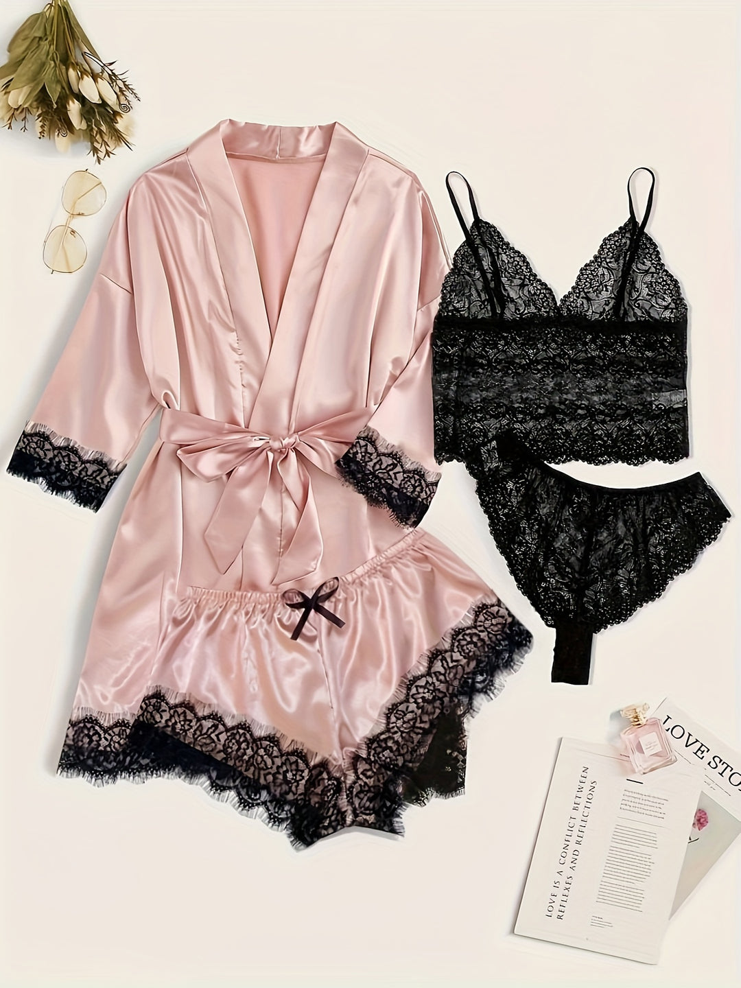 Aurora – Satin Lace Lounge Set with Kimono & Shorts