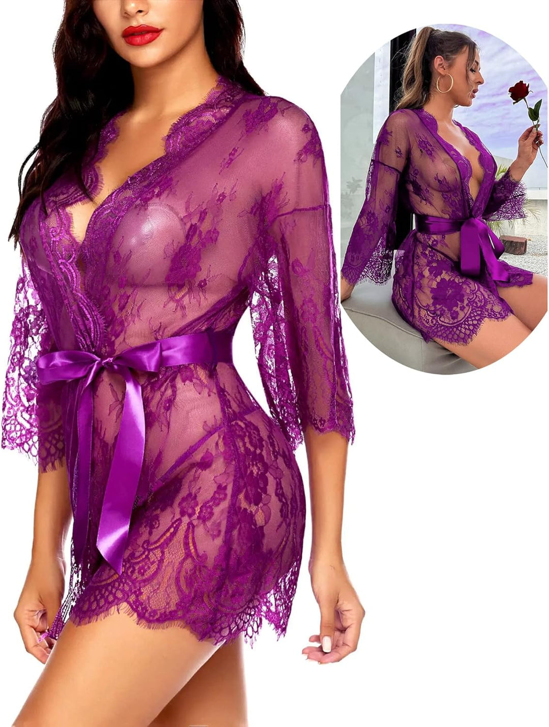Valerie – Sheer Lace Kimono Robe Set