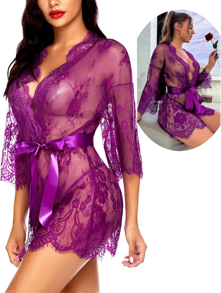 Valerie – Sheer Lace Kimono Robe Set