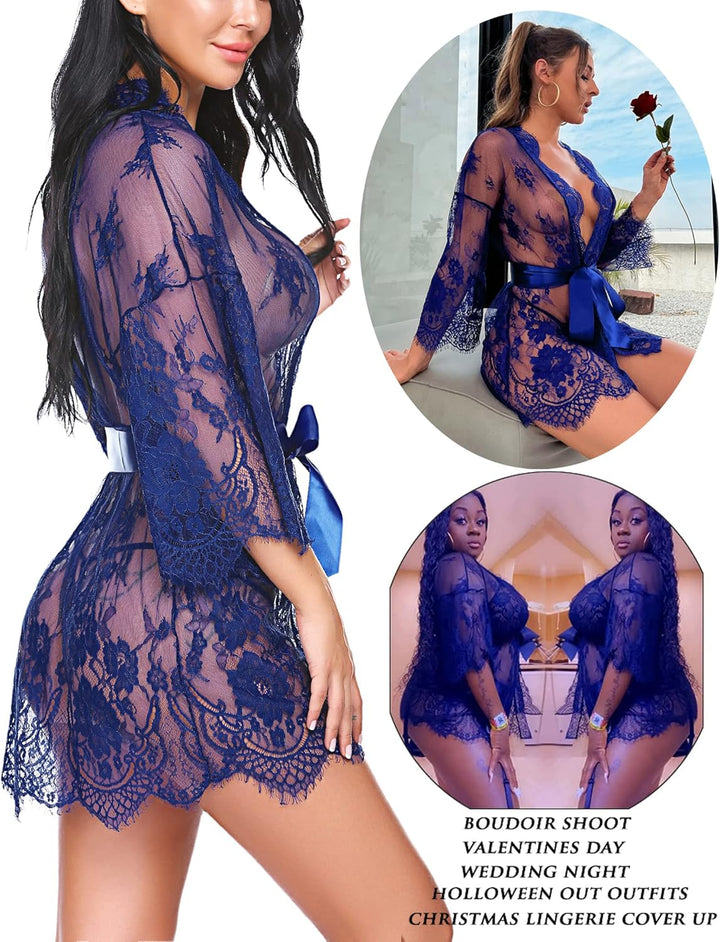 Valerie – Sheer Lace Kimono Robe Set