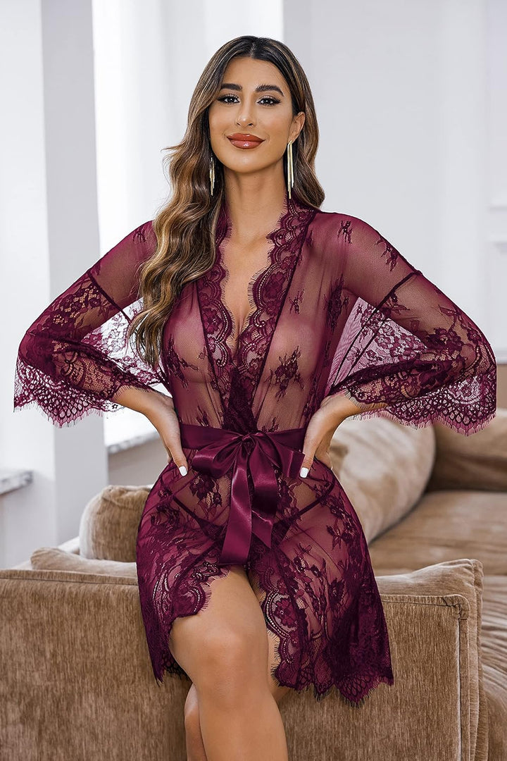 Valerie – Sheer Lace Kimono Robe Set